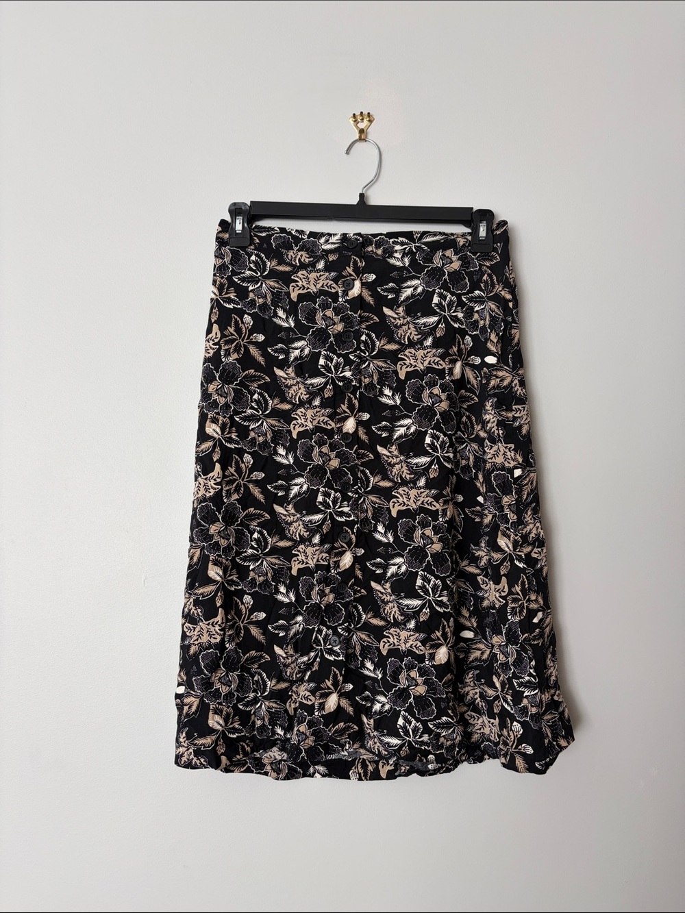 Old Navy Black Floral A-Line Midi Skirt with Beige Accents L